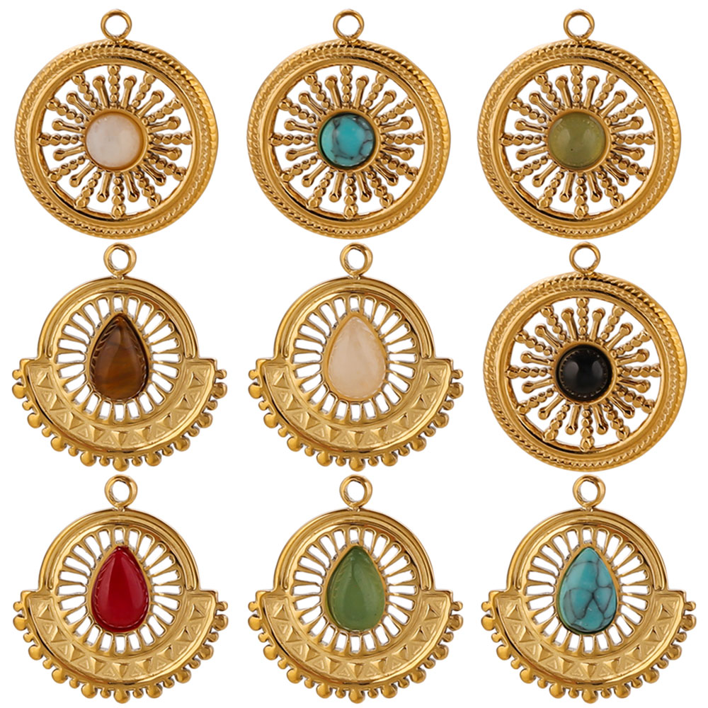 Ethnic Boho Fashion - 4 stuks roestvrijstalen bloemwaaier natuursteen bedels